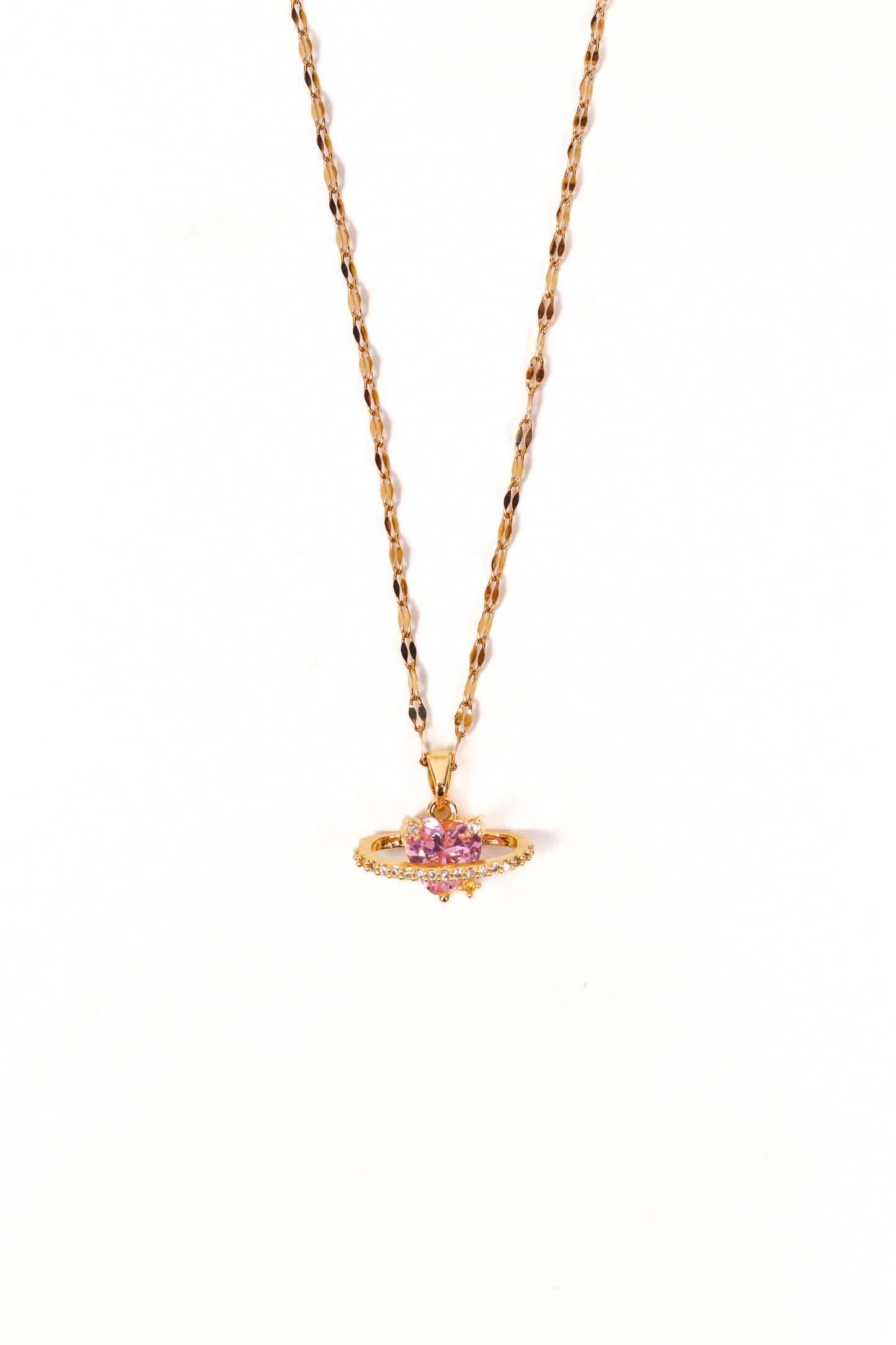 Love Planet Gold Color Heart Women's Necklace - Pink Stone Love