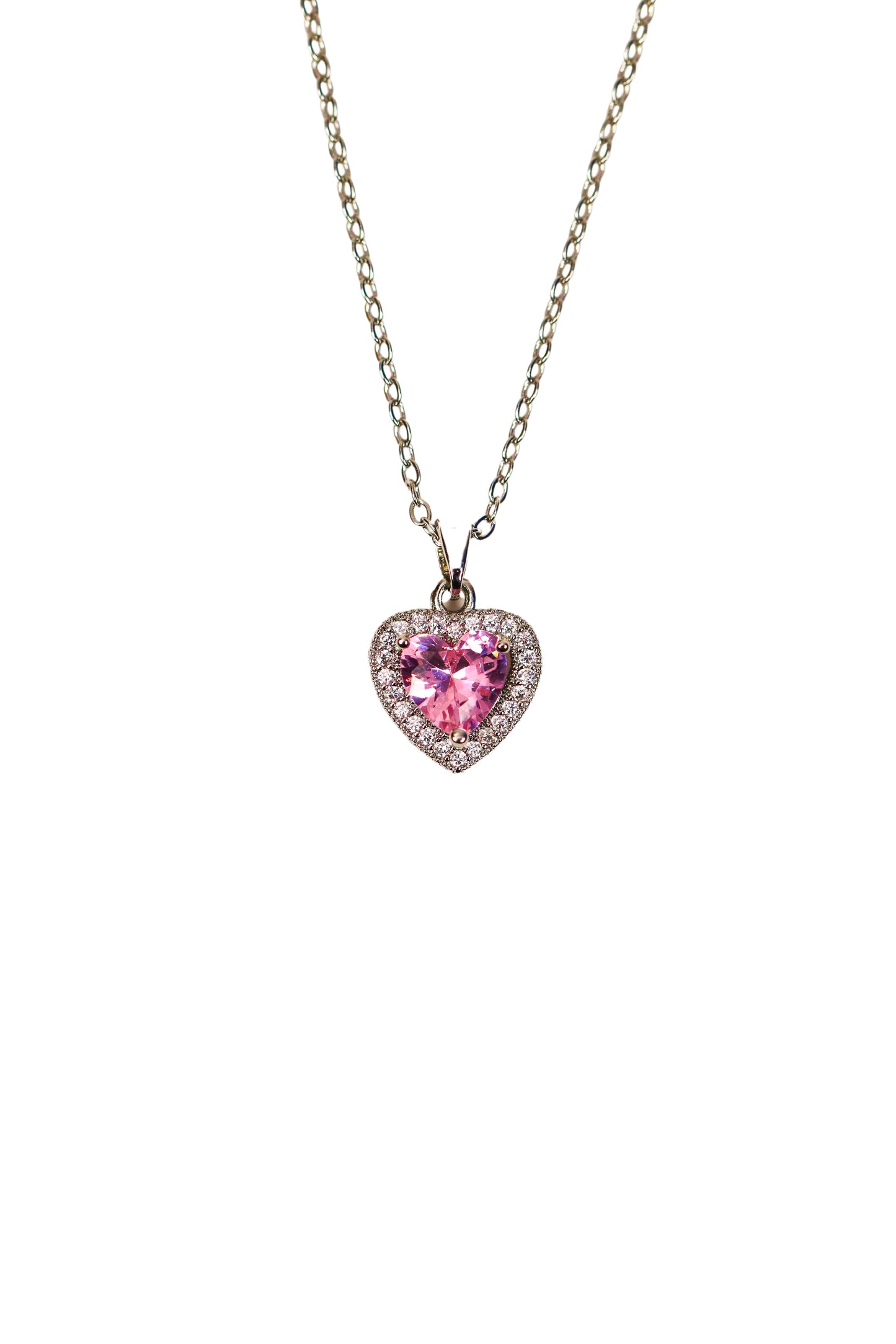 Pink Stone Silver Color Heart Model Steel Necklace