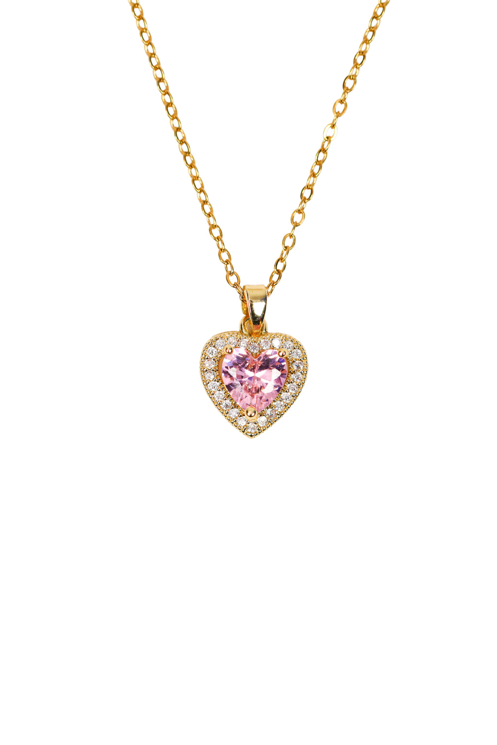 Pembe Taşlı Gold Renk Kalp Modeli Çelik Kolye