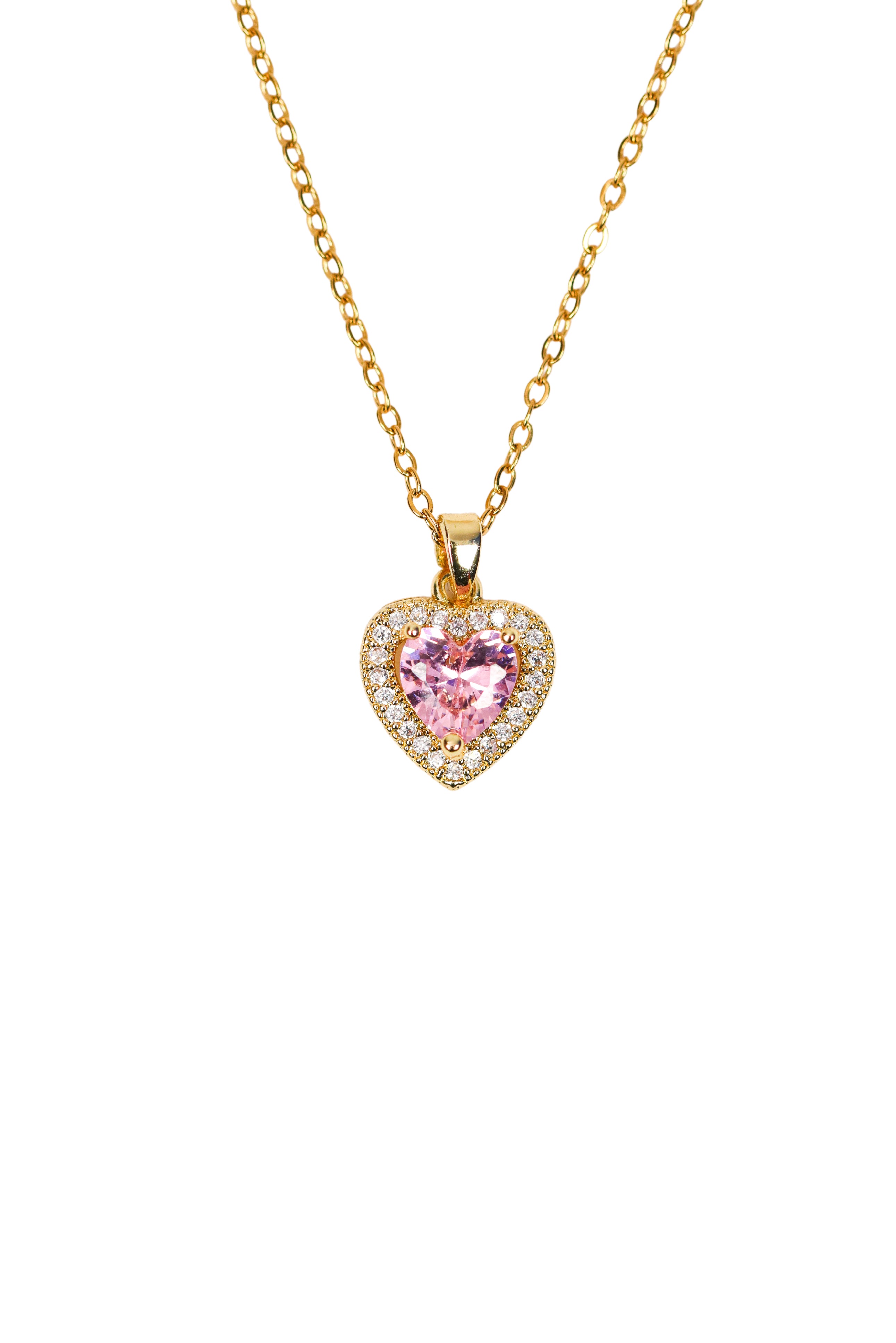 Pembe Taşlı Gold Renk Kalp Modeli Çelik Kolye