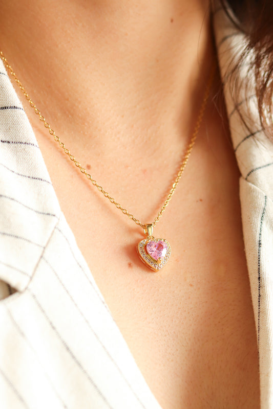 Pink Stone Gold Color Heart Model Steel Necklace