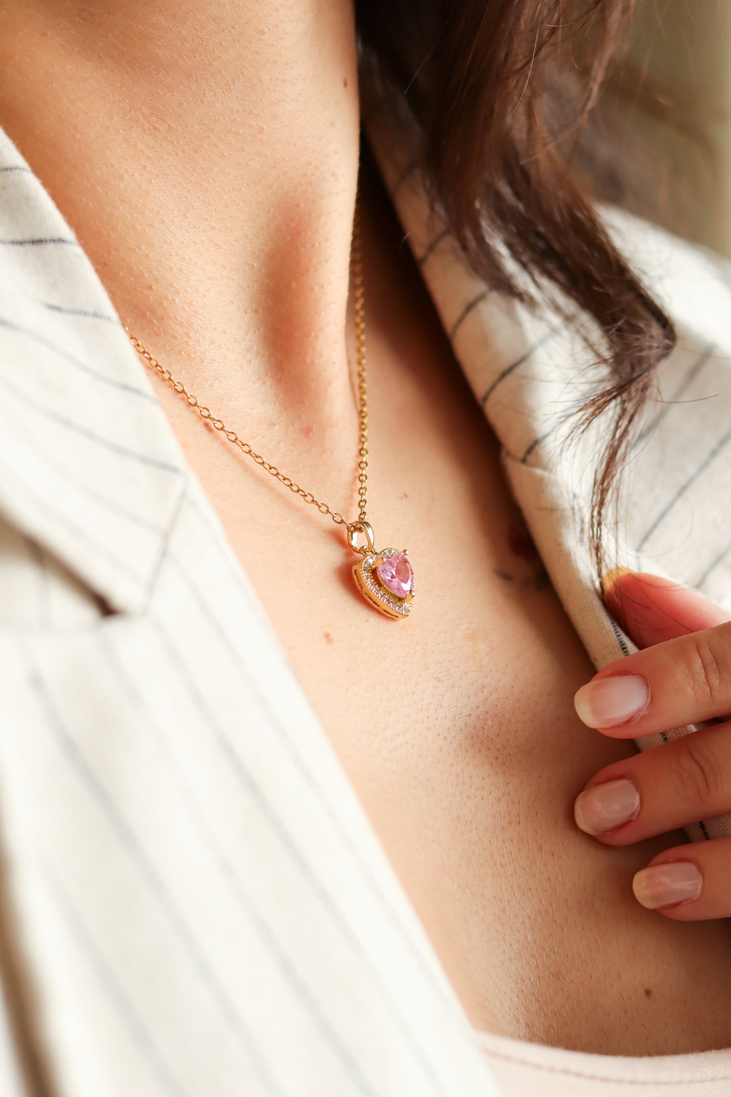 Pink Stone Gold Color Heart Model Steel Necklace