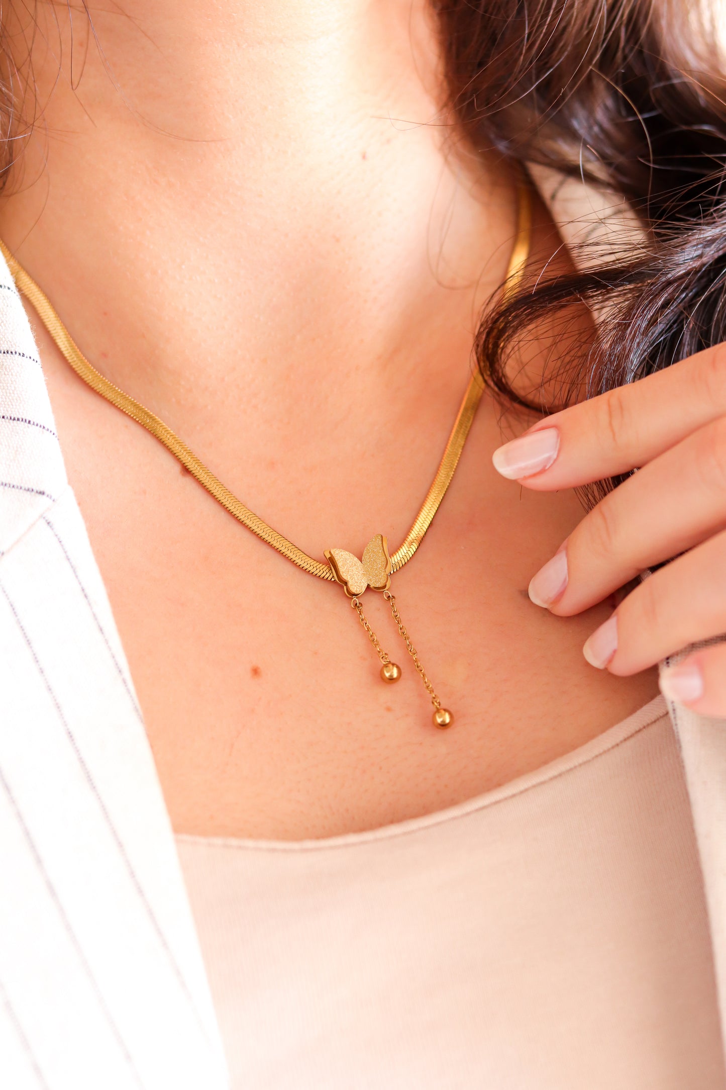 Butterfly Model Gold Color Steel Women's Necklace-Dangling Beads