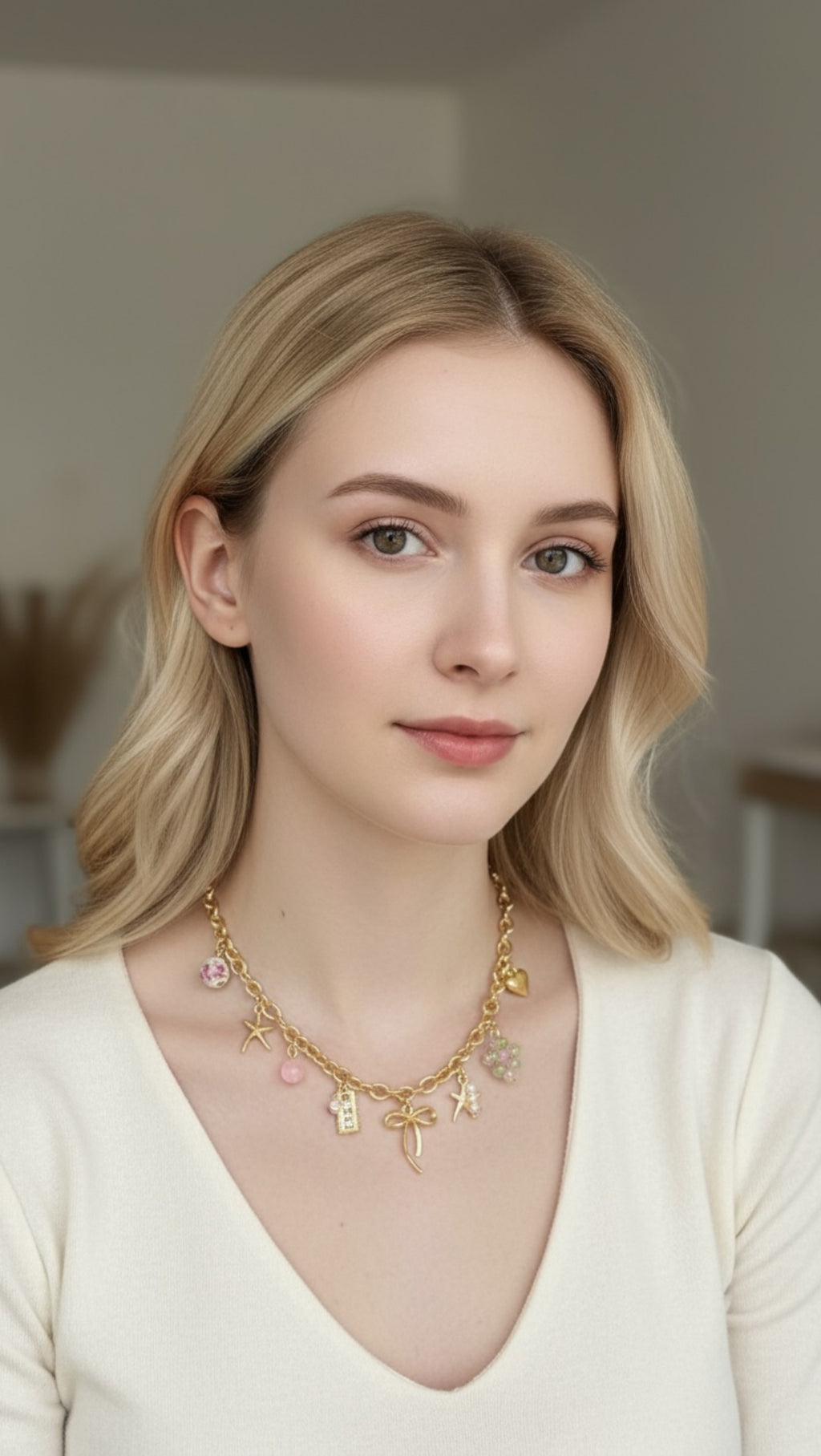 Çiçek İnci ve Yıldız Charm Gold Rengi Kadın Çelik Kolye