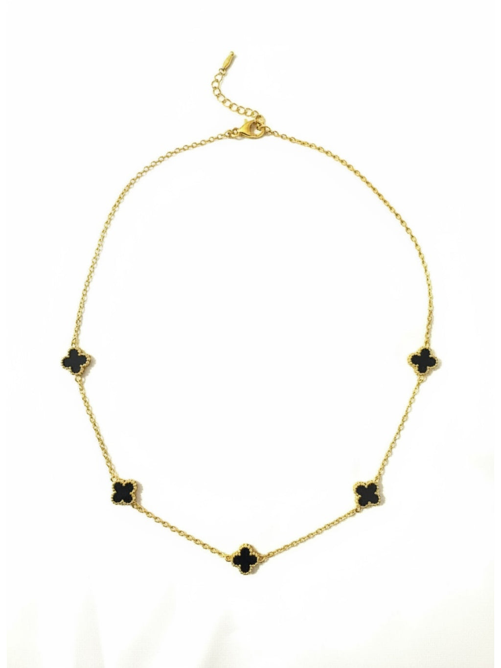 Mini Yonca Modeli Gold Renk Siyah Taşlı Kadın Paslanmaz Çelik Kolye - Kararma Yapmaz Çift Taraflı