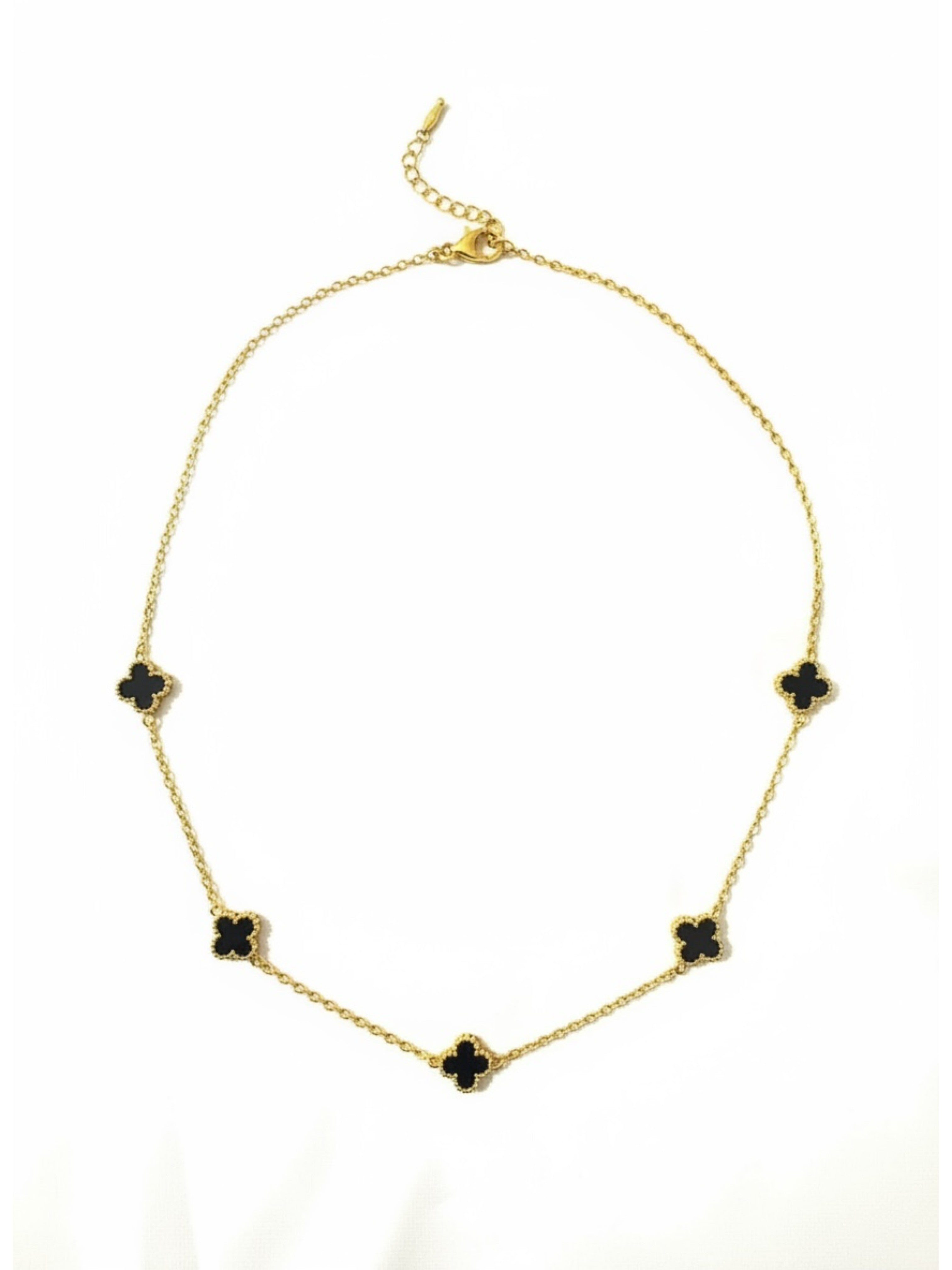 Mini Yonca Modeli Gold Renk Siyah Taşlı Kadın Paslanmaz Çelik Kolye - Kararma Yapmaz Çift Taraflı