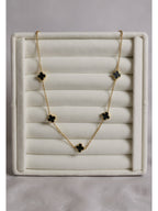 Mini Yonca Modeli Gold Renk Siyah Taşlı Kadın Paslanmaz Çelik Kolye - Kararma Yapmaz Çift Taraflı