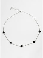 Mini Yonca Modeli Gümüş Renk Siyah Taşlı Kadın Paslanmaz Çelik Kolye - Kararma Yapmaz Çift Taraflı