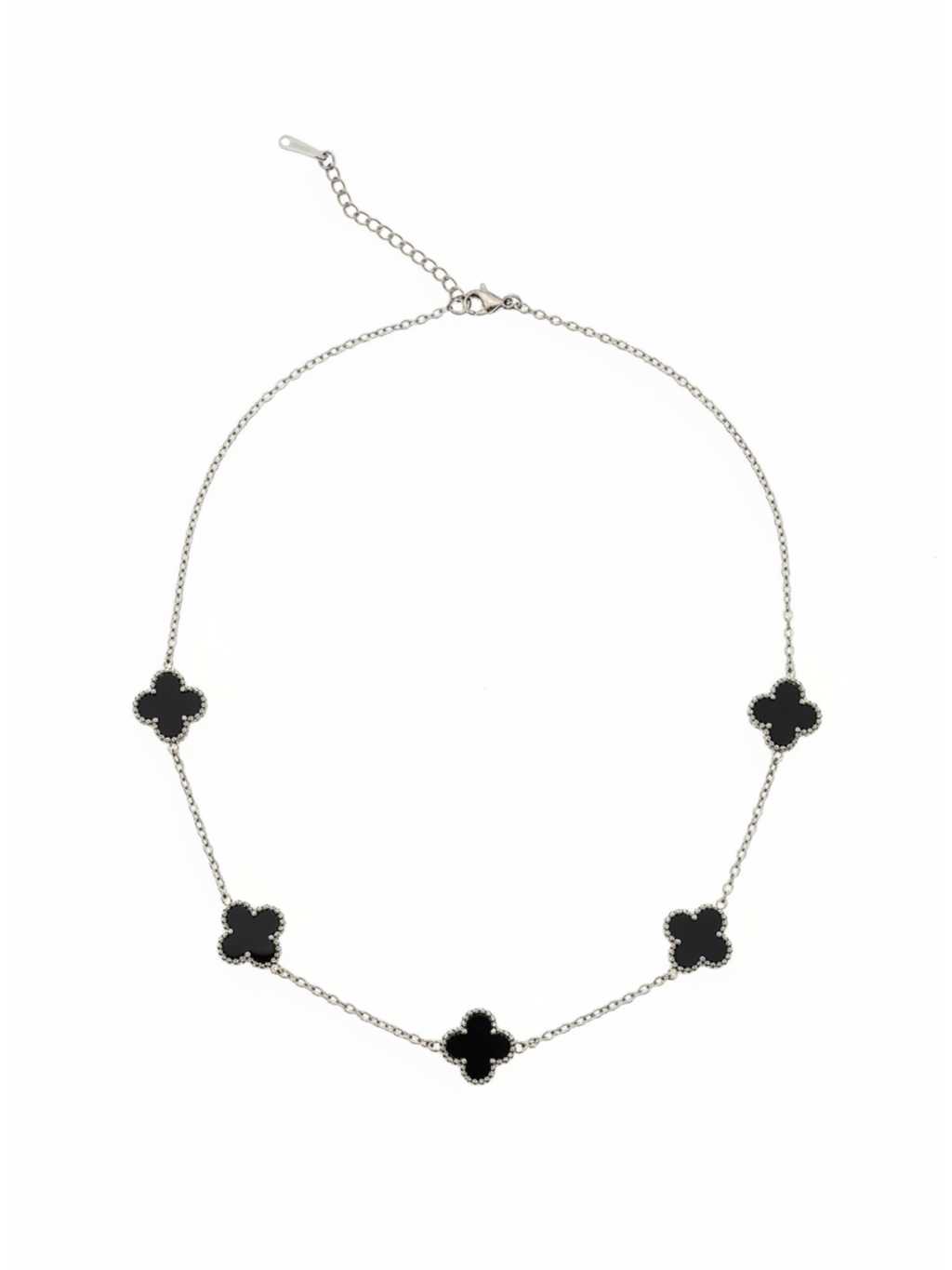 Yonca Modeli Gümüş Renk Siyah Taşlı Kadın Paslanmaz Çelik Kolye - Kararma Yapmaz Çift Taraflı