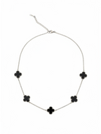 Yonca Modeli Gümüş Renk Siyah Taşlı Kadın Paslanmaz Çelik Kolye - Kararma Yapmaz Çift Taraflı