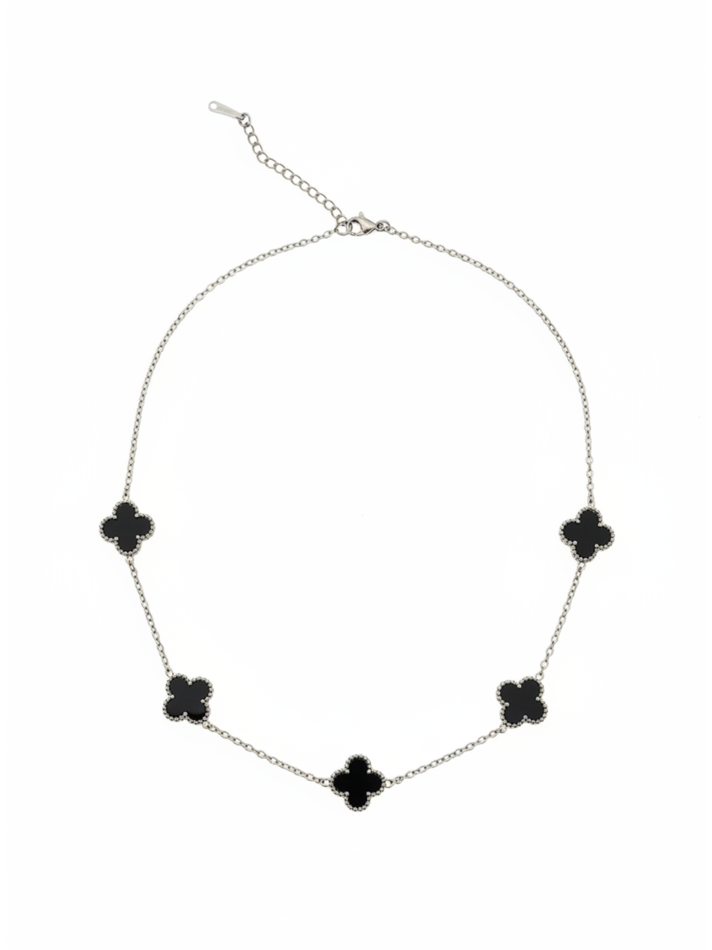 Yonca Modeli Gümüş Renk Siyah Taşlı Kadın Paslanmaz Çelik Kolye - Kararma Yapmaz Çift Taraflı