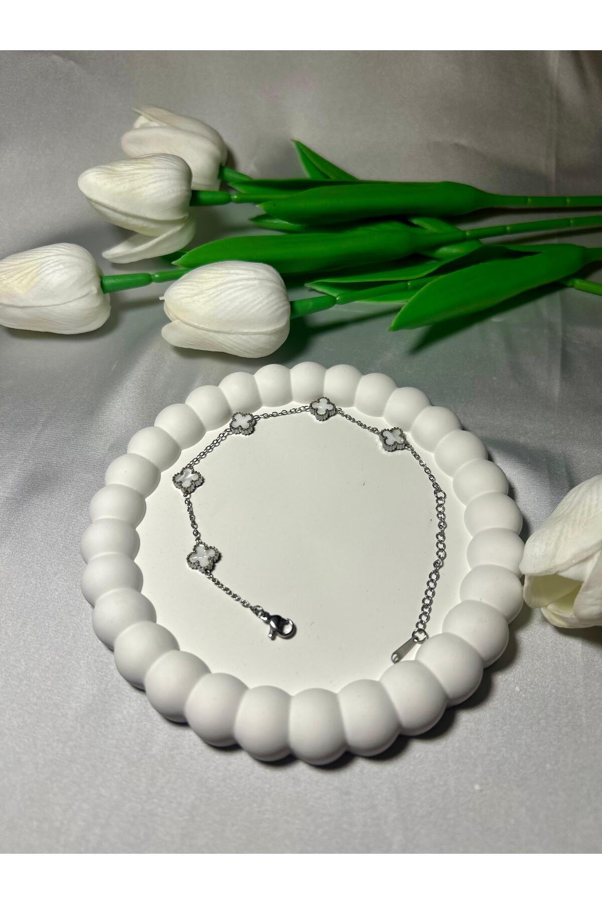 Paslanmaz Çelik Mini Yonca Modeli Gümüş Renk Unisex Çelik Bileklik - 17+5 Cm Uzunluk