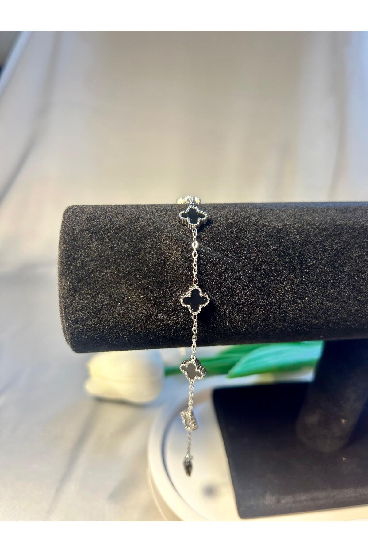 Paslanmaz Çelik Mini Yonca Modeli Gümüş Renk Unisex Çelik Bileklik - 17+5 Cm Uzunluk