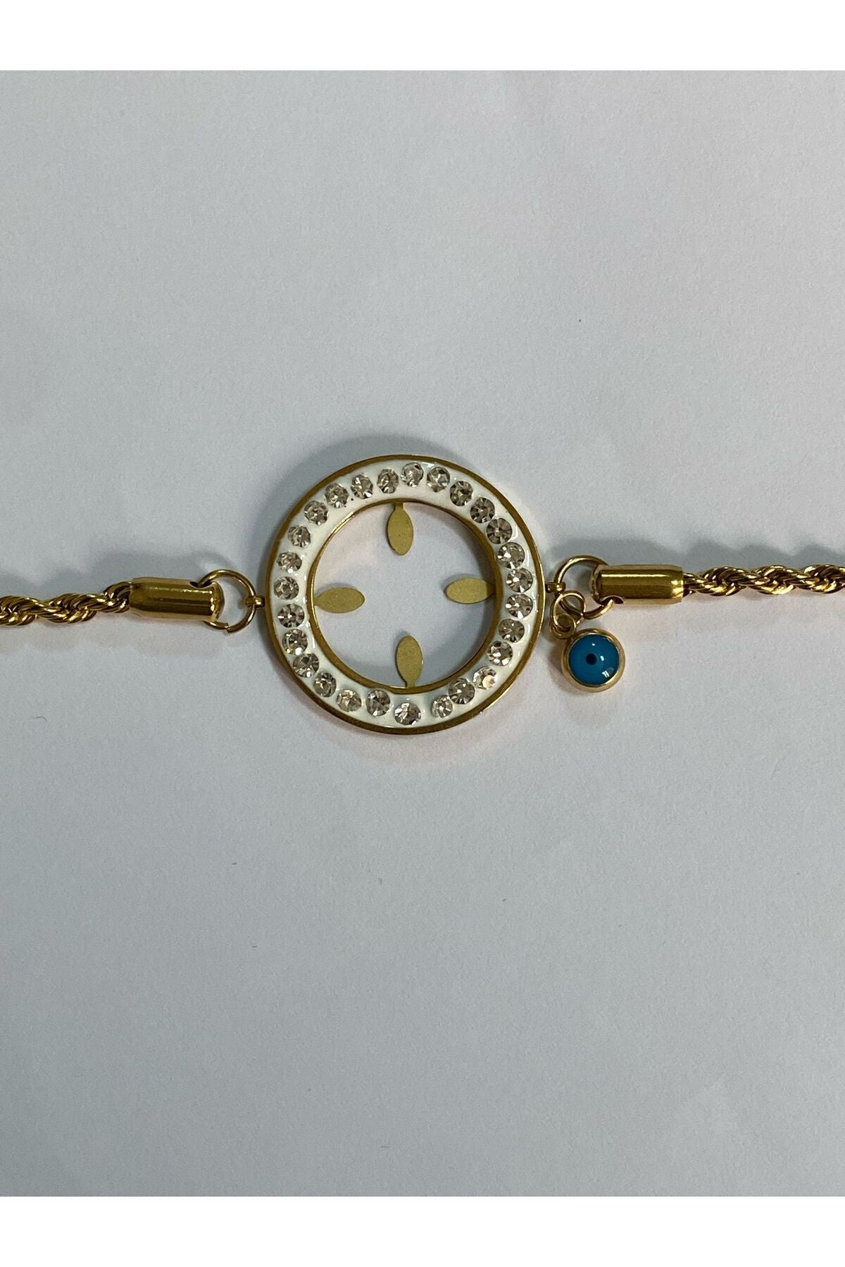 İçine Çeyrek Takılan Burgu Zincirli Nazar Boncuklu Zirkon Taş Detaylı Çelik Kadın Bileklik- 17+5 CM