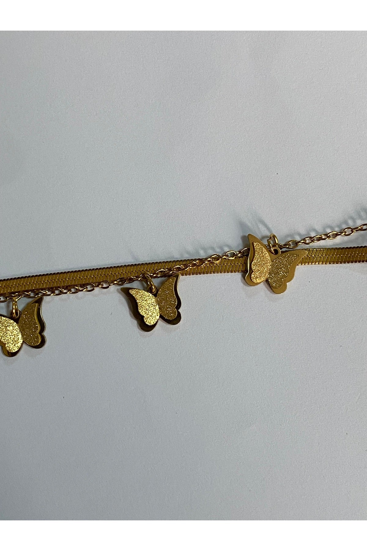 İtalyan İki Sıra Zincirli Kelebek Modelli Çelik Kadın Bileklik -17+5 CM