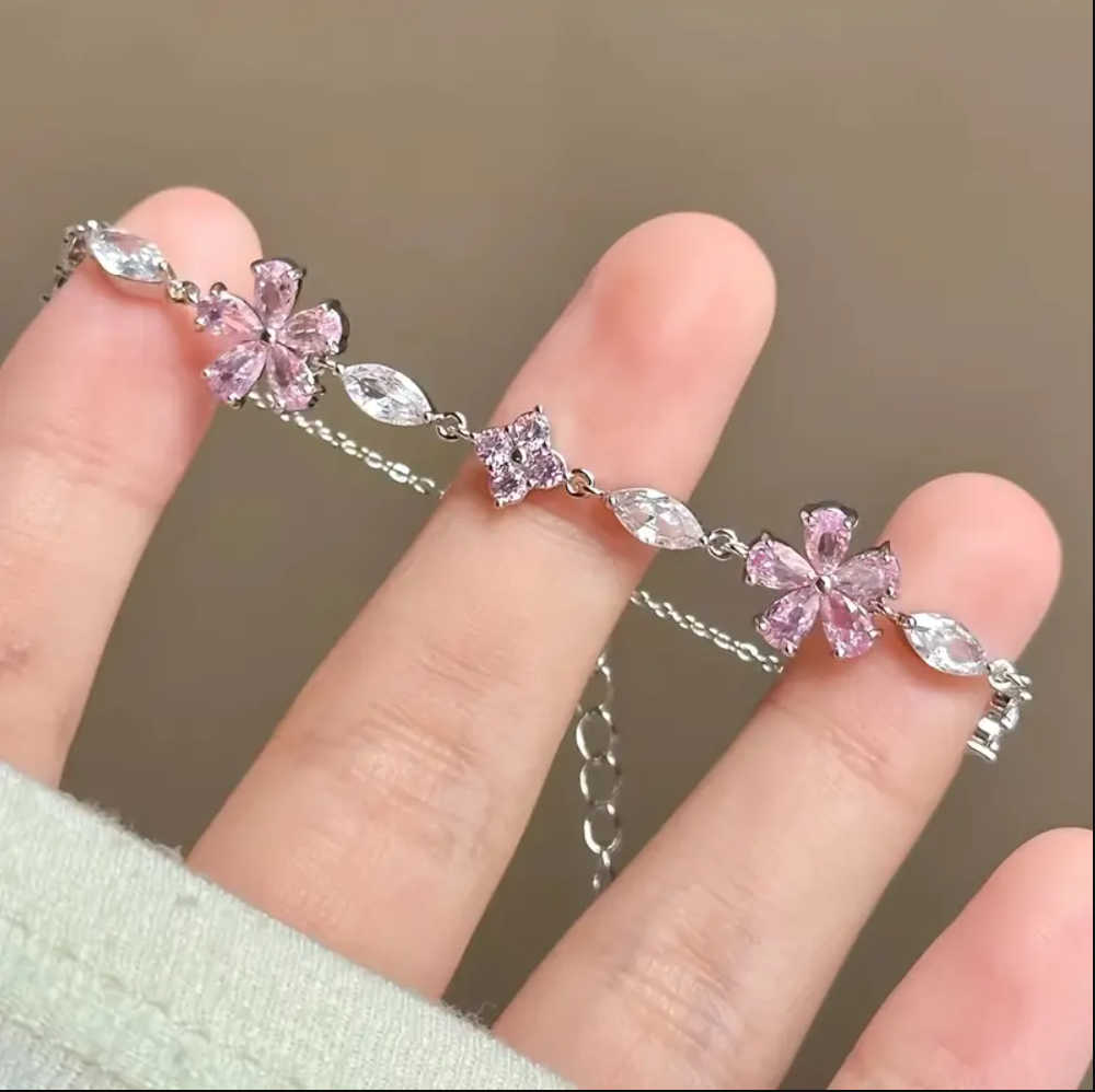 Sakura Taşlı Kiraz Çiçeği Pembe Kadın Çelik Bileklik - Sevgiliye Hediye Arkadaşa Hediye