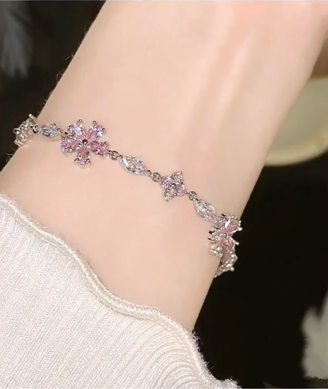 Sakura Taşlı Kiraz Çiçeği Pembe Kadın Çelik Bileklik - Sevgiliye Hediye Arkadaşa Hediye
