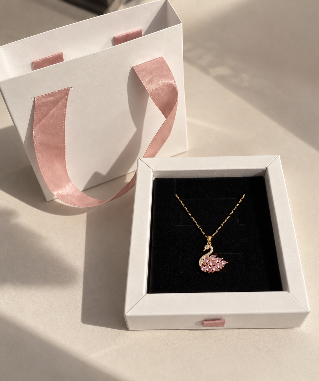 Pembe Taşlı Kuğu Kolye – Kadın Zarif Gold Kolye