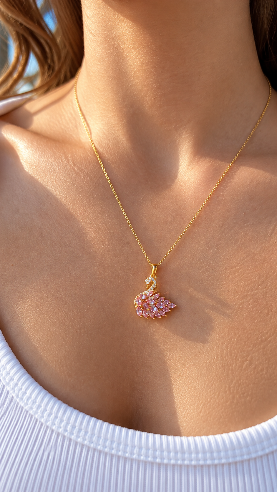 Pembe Taşlı Kuğu Kolye – Kadın Zarif Gold Kolye