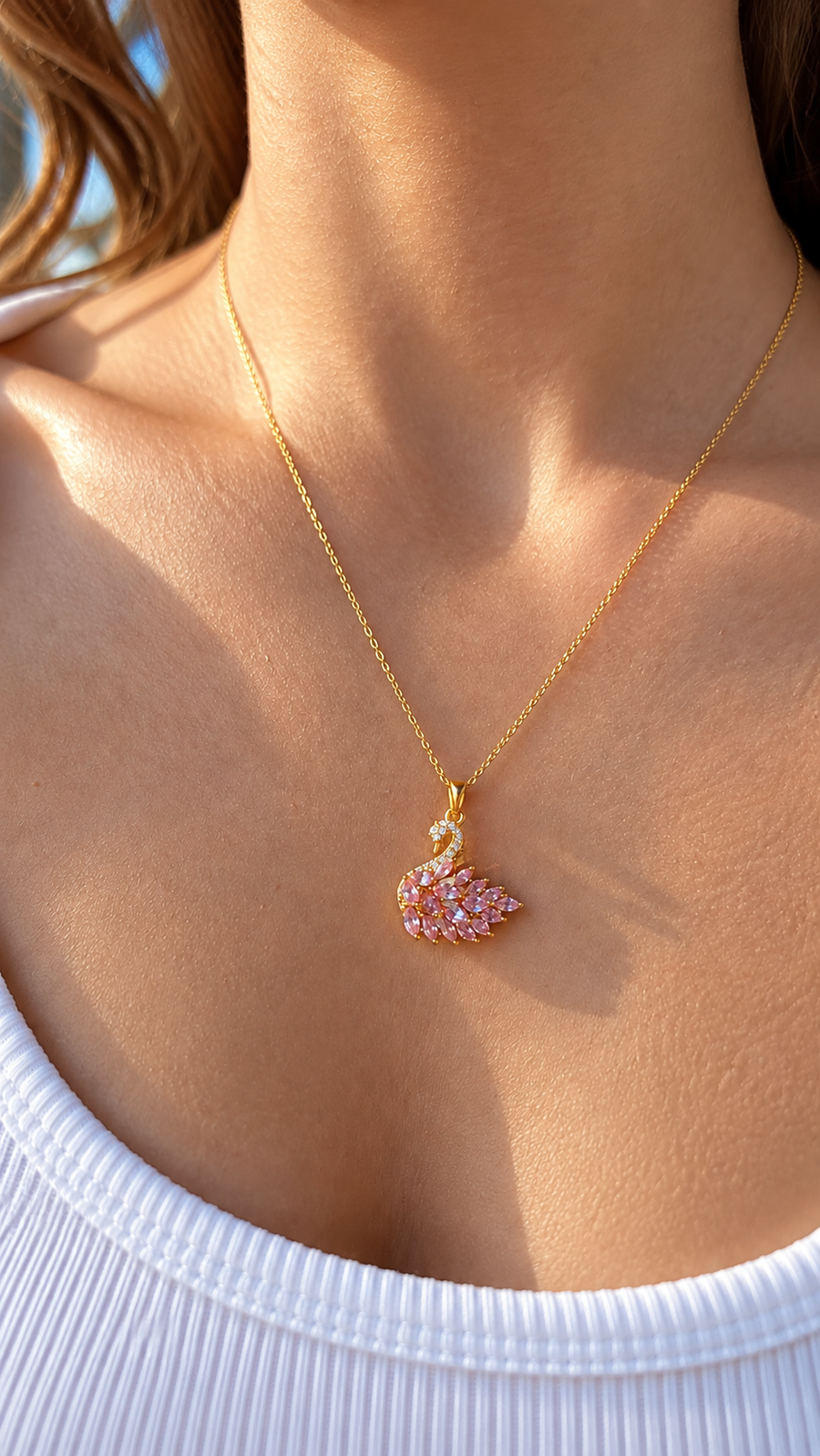 Pembe Taşlı Kuğu Kolye – Kadın Zarif Gold Kolye