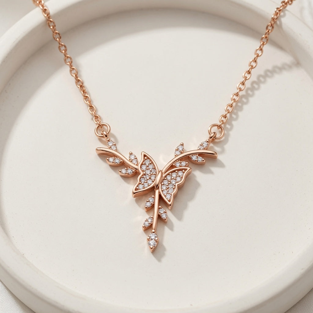 Kelebek Modeli Zirkon Taşlı Rose Renk Çelik Kolye