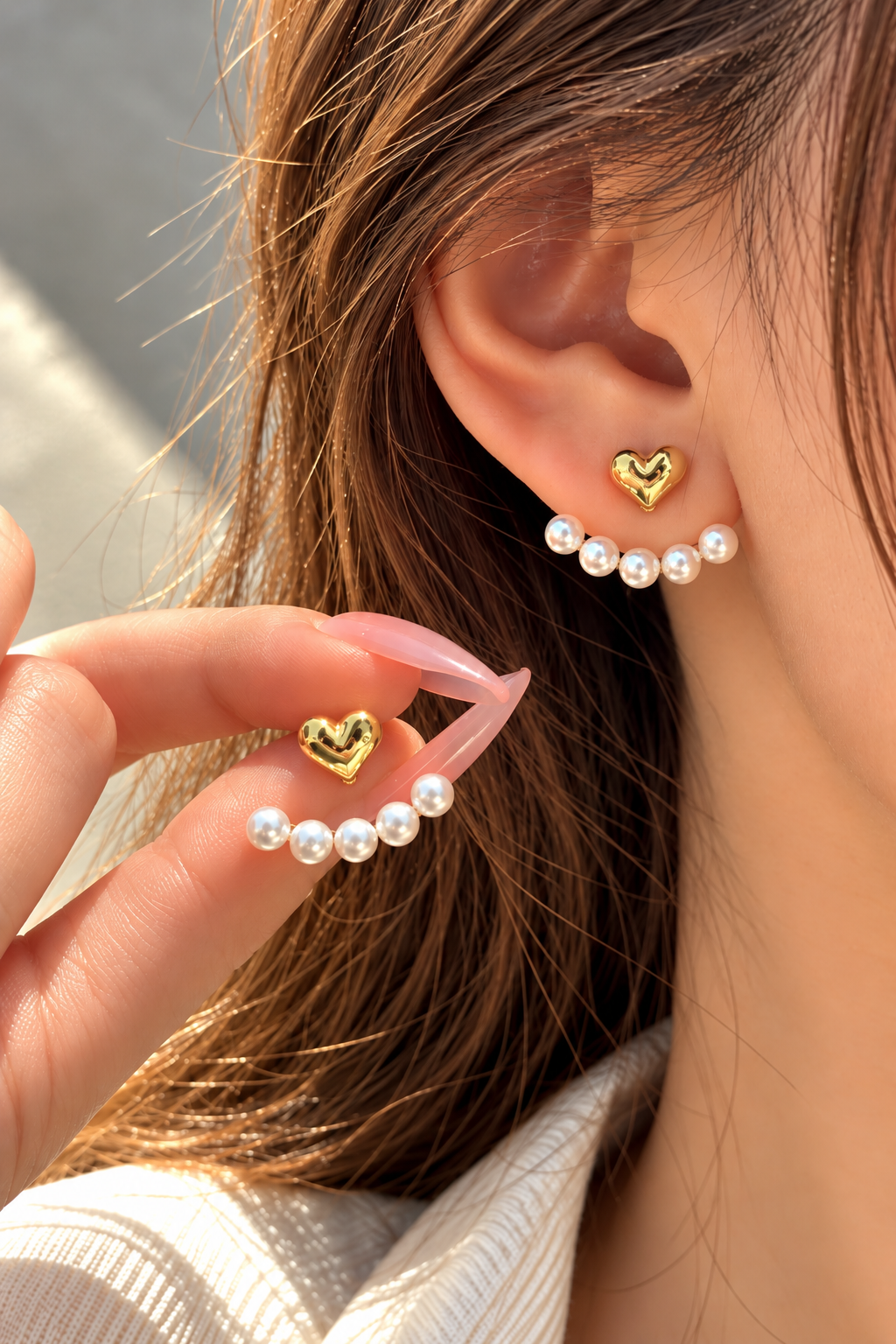 Kalp ve İnci Detaylı Kadın Küpe – Çelik Ear Jacket Kadın Küpe