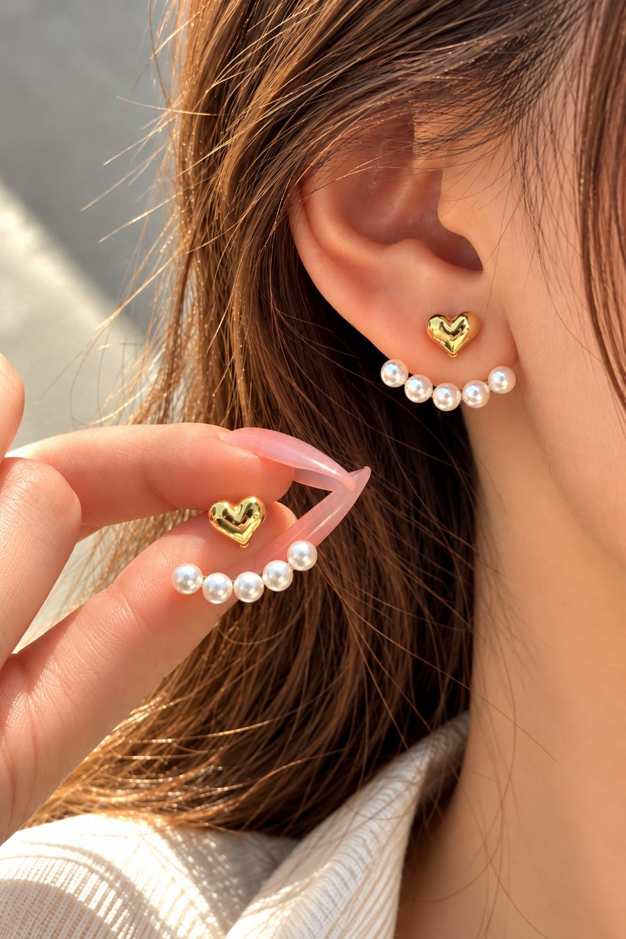 Kalp ve İnci Detaylı Kadın Küpe – Çelik Ear Jacket Kadın Küpe