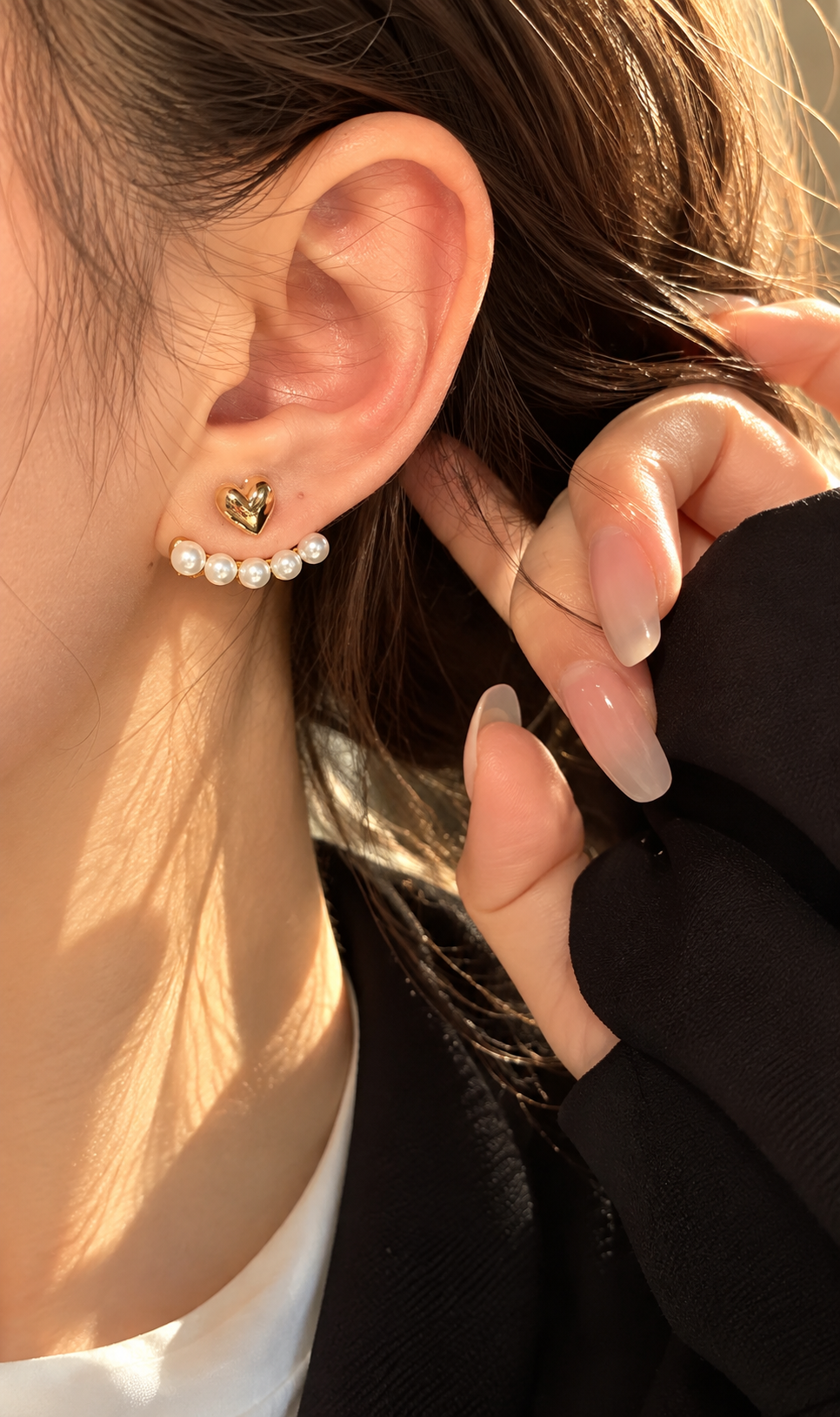 Kalp ve İnci Detaylı Kadın Küpe – Çelik Ear Jacket Kadın Küpe