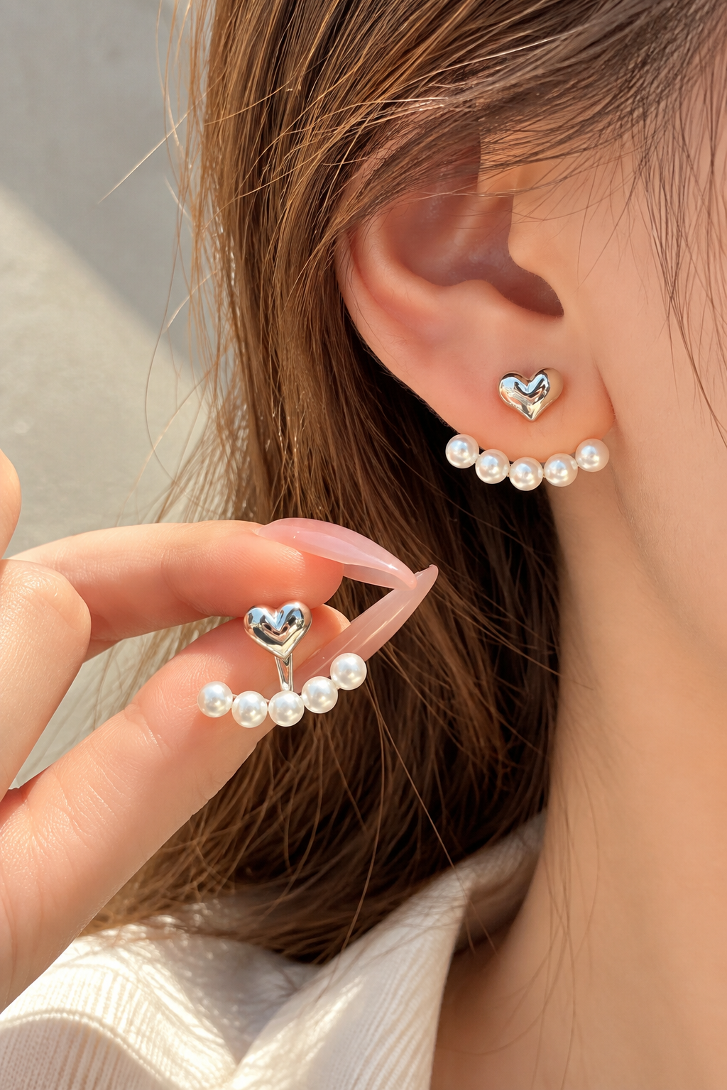 Kalp ve İnci Detaylı Kadın Küpe – Çelik Ear Jacket Kadın Küpe