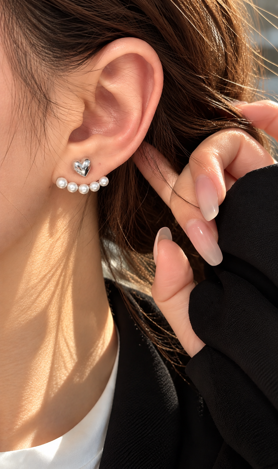 Kalp ve İnci Detaylı Kadın Küpe – Çelik Ear Jacket Kadın Küpe
