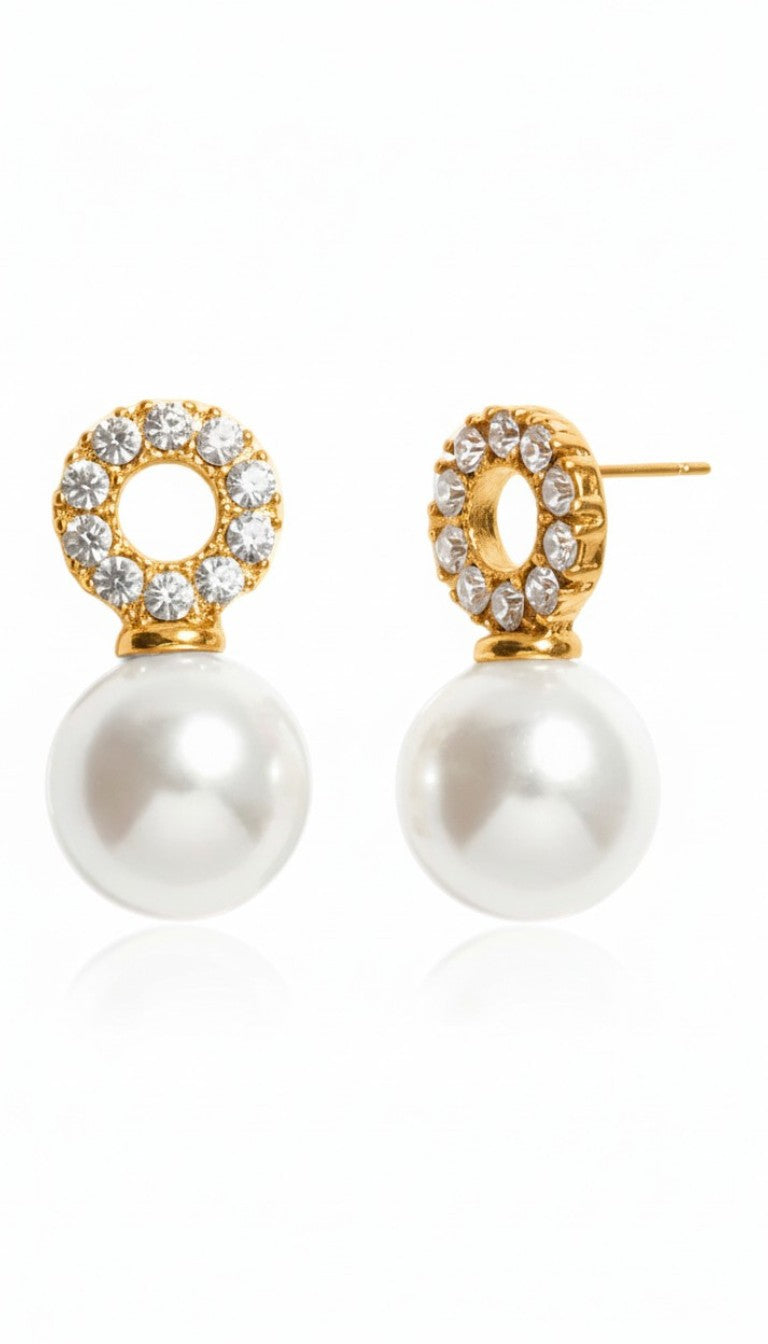 İnci Detaylı Zirkon Taşlı Kadın Çelik Küpe – Zarif Halka Model Sallantılı Küpe