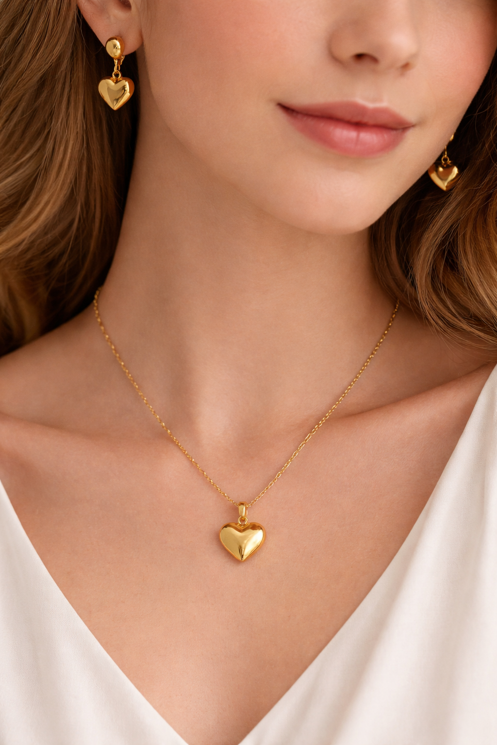 Kalp Figürlü Kolye ve Küpe Seti | Kararma Yapmaz Çelik Takı Seti