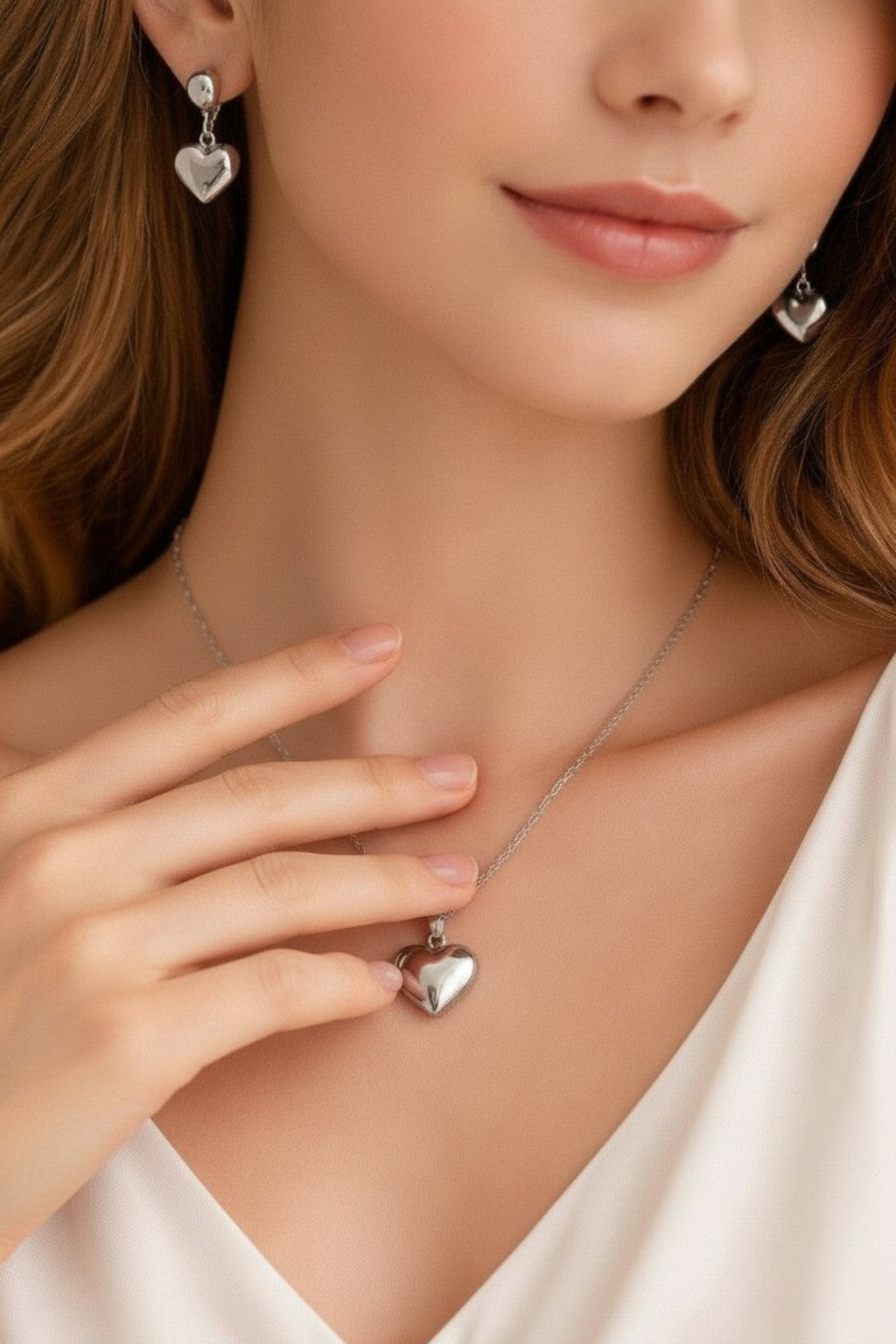 Kalp Figürlü Kolye ve Küpe Seti | Kararma Yapmaz Çelik Takı Seti