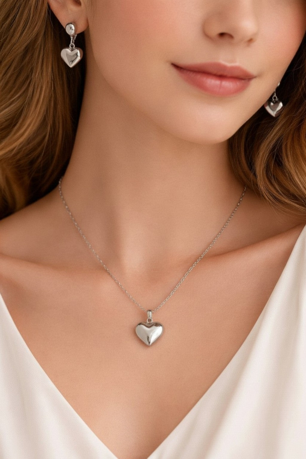 Kalp Figürlü Kolye ve Küpe Seti | Kararma Yapmaz Çelik Takı Seti