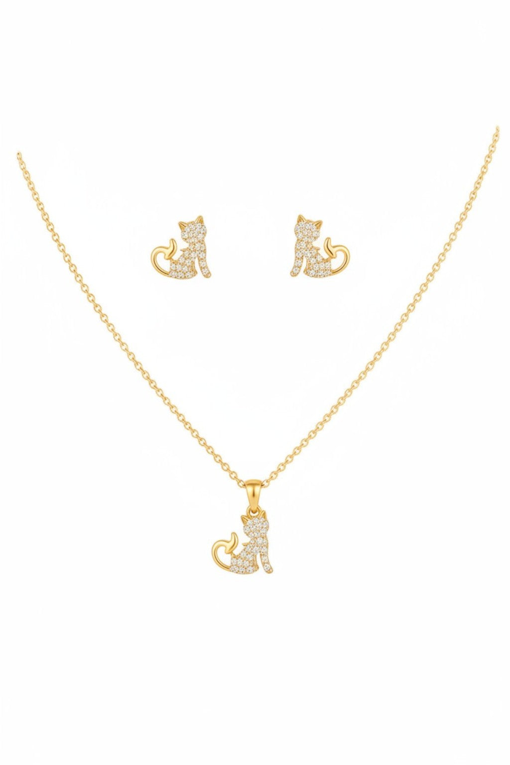 Kedi Figürlü Kolye ve Küpe Seti | Taşlı Çelik Takı Seti (Kararma Yapmaz)