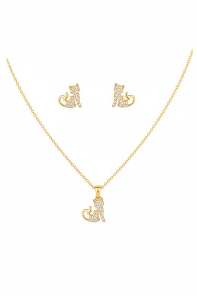 Kedi Figürlü Kolye ve Küpe Seti | Taşlı Çelik Takı Seti (Kararma Yapmaz)