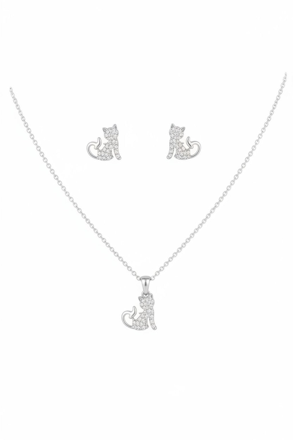 Kedi Figürlü Kolye ve Küpe Seti | Taşlı Çelik Takı Seti (Kararma Yapmaz)